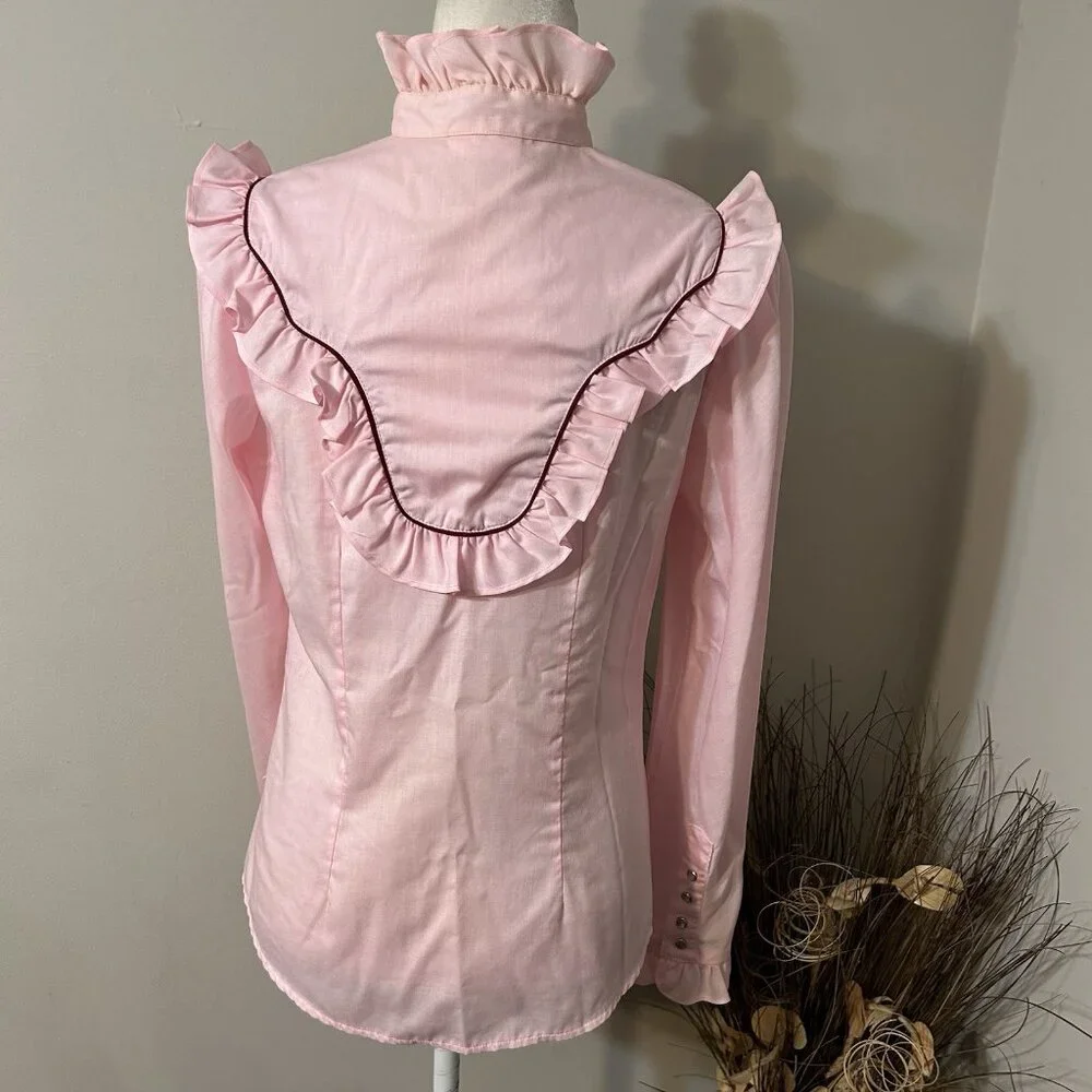 Vtg Fenton Western Women Prairiecore Ruffle Pearl Snap Shirt Top Pink Sz 14 Flaw - Picture 2 of 9